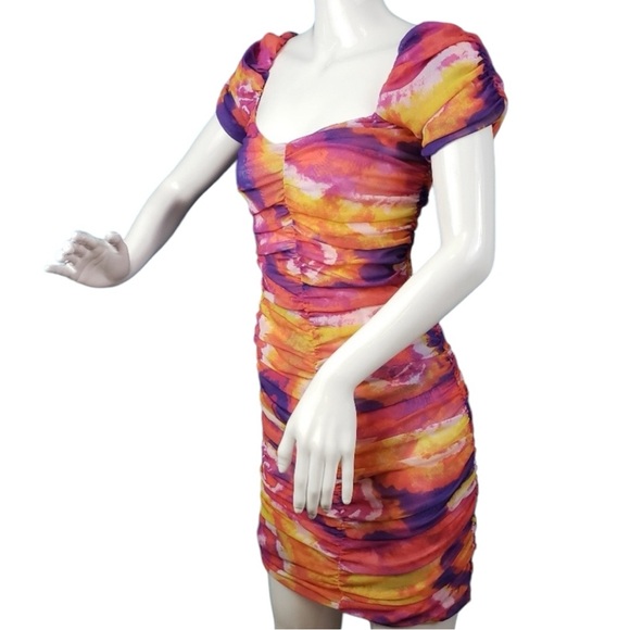 Urban Outfitters UO Tie Dye Rouched Mini Dress Puff Sleeves New Size S - Picture 9 of 15